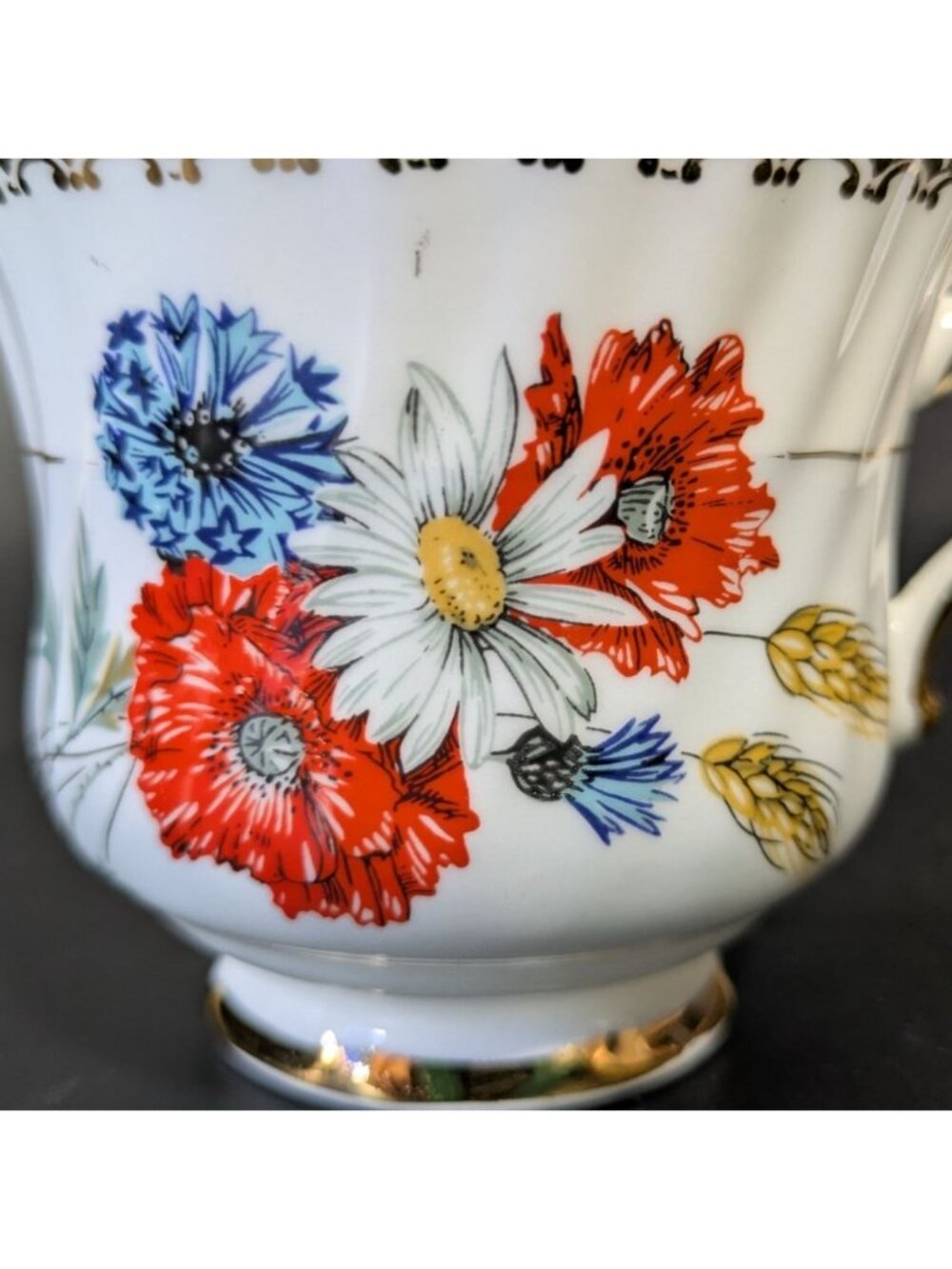 Sutherland Bone China Tea Cup Gold Trim Red Blue Floral Vintage England